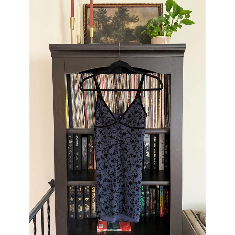 Motel Floral Velvet Flocked Mesh Cami Top Small Blue Black Goth Grunge Y2K